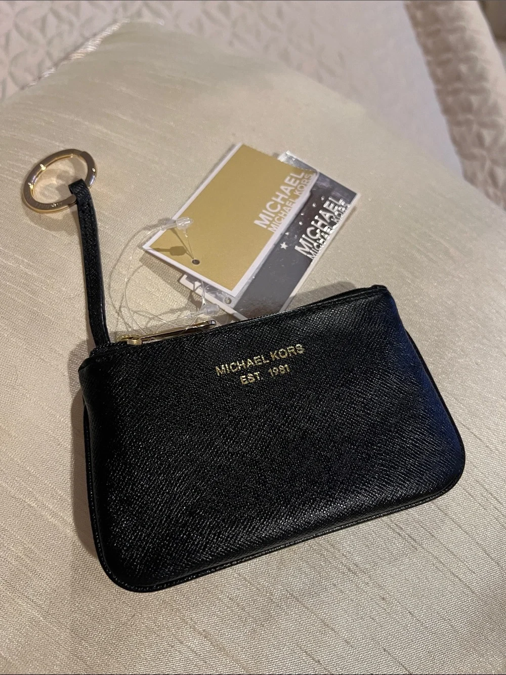 Michael Kors Black Saffiano Leather Zip Coin Pouch with Gold Logo